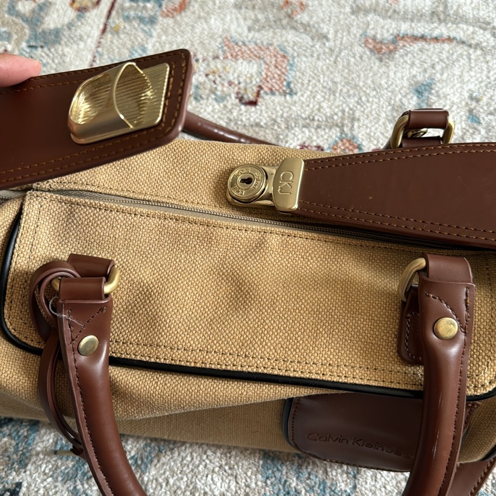 Calvin Klein Canvas & Leather Lock & Key Satchel Shoulder Bag Brown - Picture 8 of 14